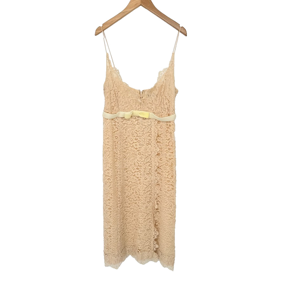 J. Crew Womens Beige Lace Slip Midi Dress Fairy Romantic Size 8 Ribbon Trim